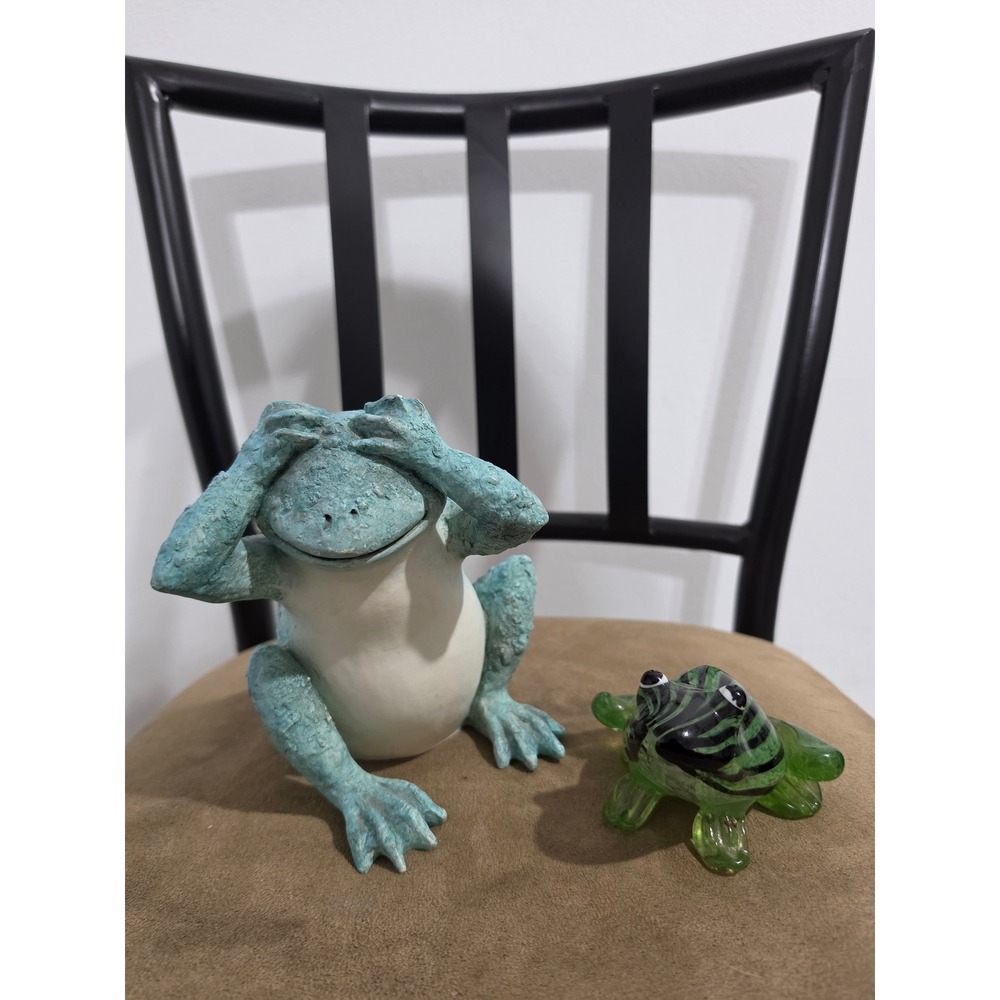 Hear No Evil Frog Figurine & Glass Frog Paperweight Decor Lot